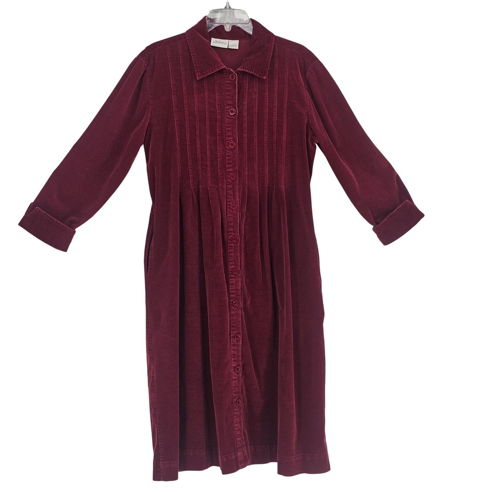 Vermont Country Store Corduroy Shirt Dress M Burgundy‎ Pintuck Midi Cottagecore